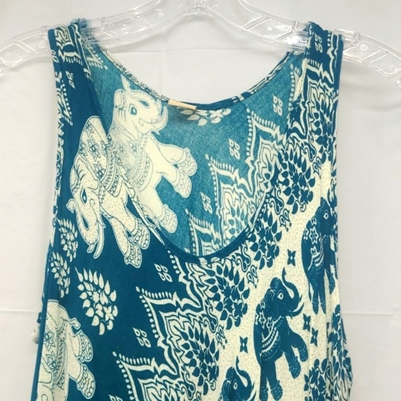 Maxi Sundress Turquoise Elephant Print Boho Forest Fairy Scoop Neck Lightweight - Picture 1 of 9